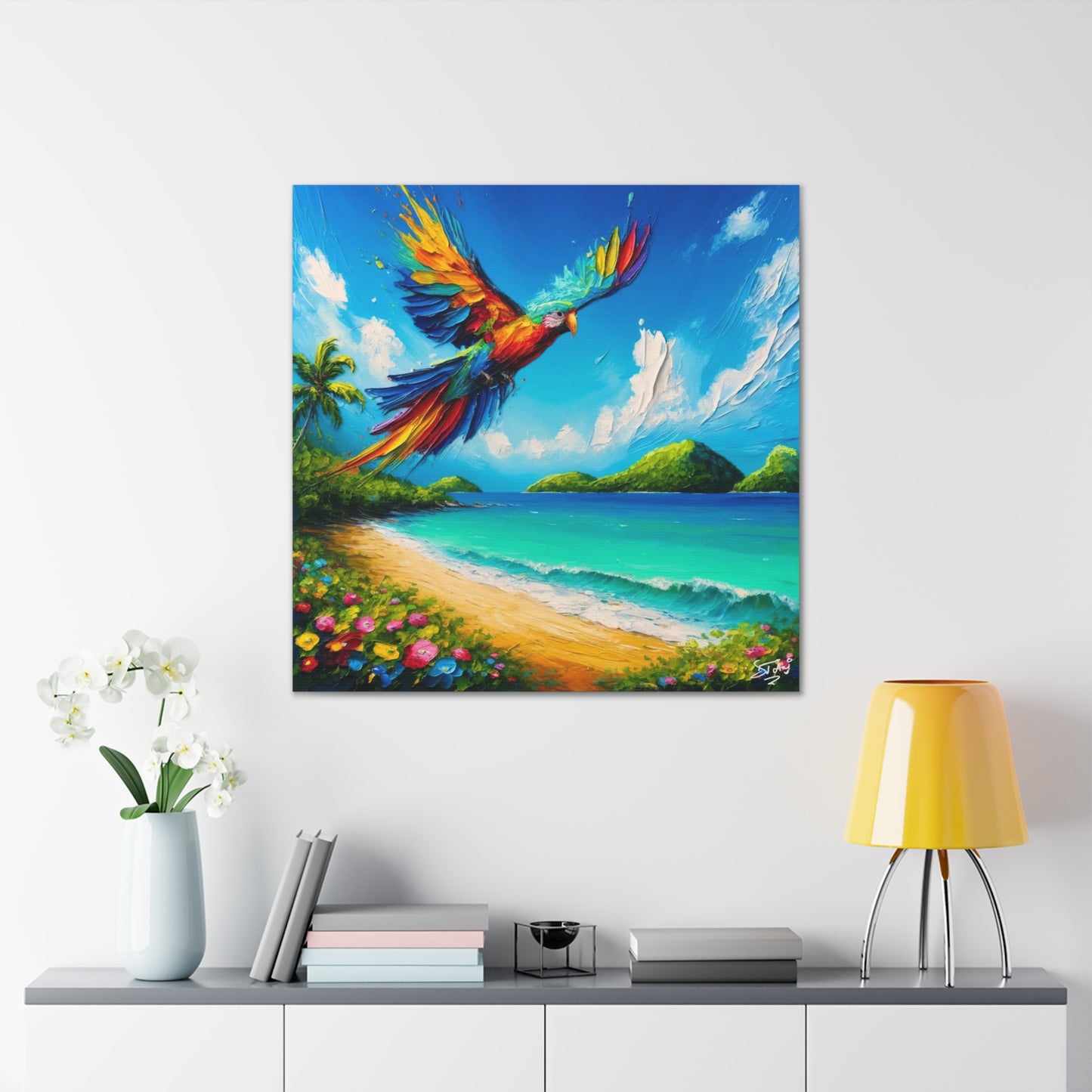 Art Print, "Bird Enjoying View," Oil Finish, Caribbean Nature, Cultural, Heritage, Semi-Abstract, Canvas Gallery Wrap