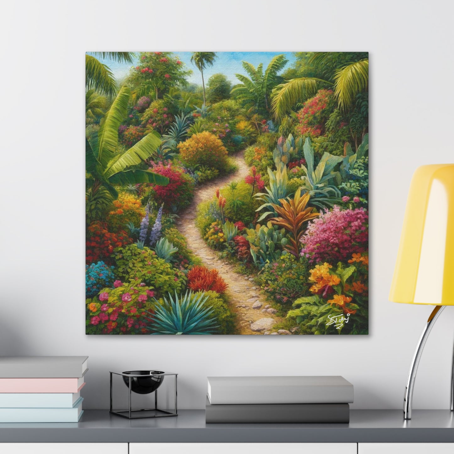 Art Print of Tropical Flower Garden, Oil Finish, West Indian Art, Canvas Gallery Wraps