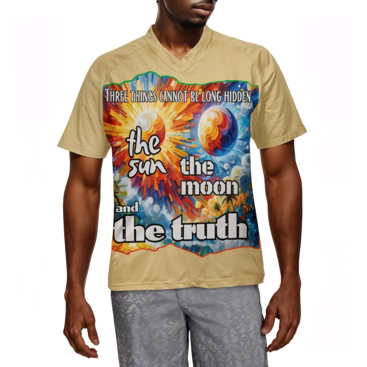 Men's V-Neck Polyester T-Shirt "The Sun, The Moon, The Truth"