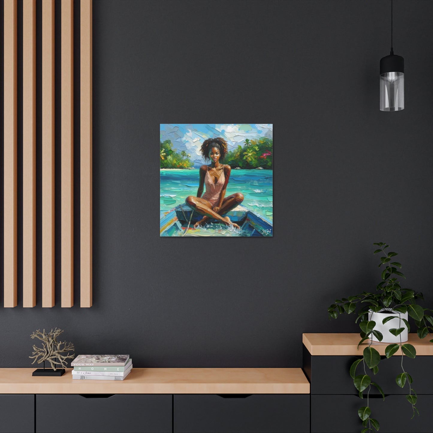 Art Print, Caribbean Woman "Chilling in the Boat" Oil Finish, West Indian Ethnicity, Cultural, Heritage, Semi-Abstract, Canvas Gallery Wrap