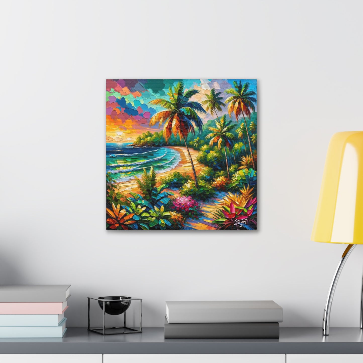 Art Print of Caribbean Beach Sunset, Semi-Abstract, Oil Painting, West Indian Art, Canvas Gallery Wraps