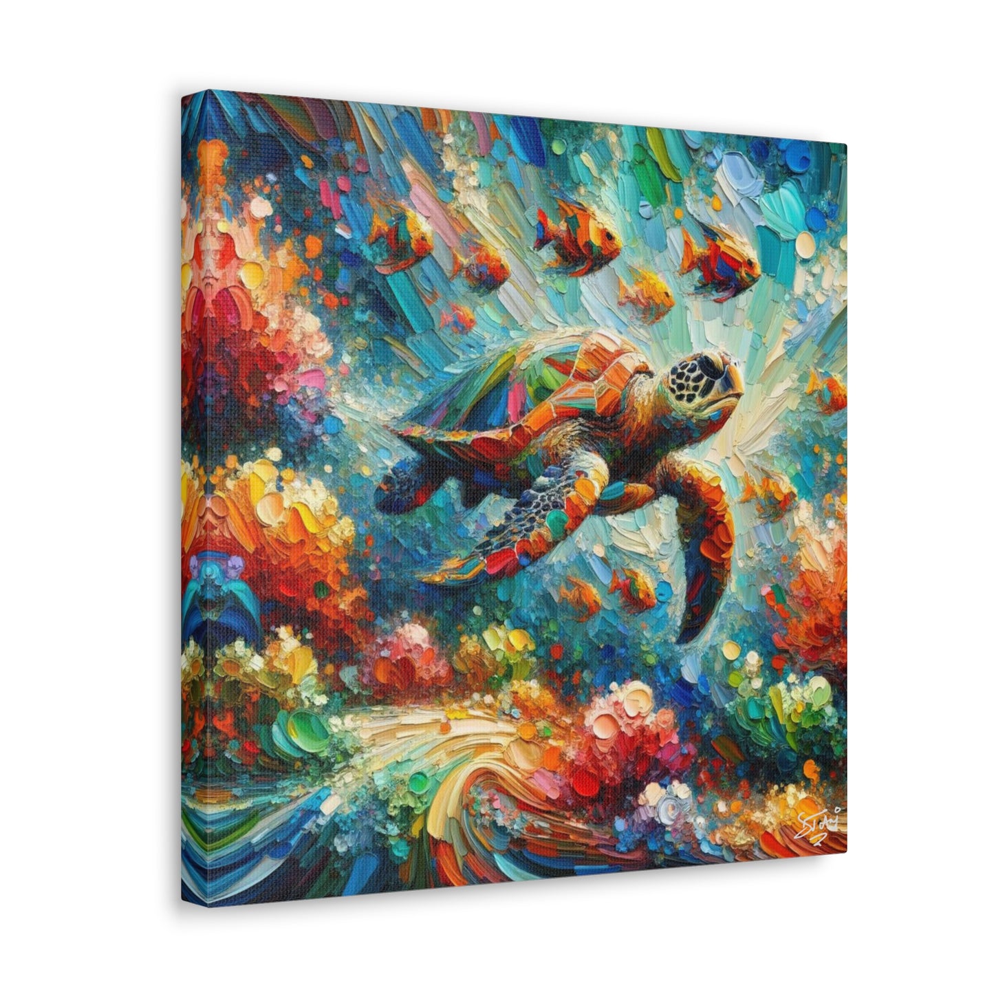 Art Print, Turtle & Fish in Reef, Oil Finish, Caribbean Nature, Cultural, Heritage, Semi-Abstract, Canvas Gallery Wrap