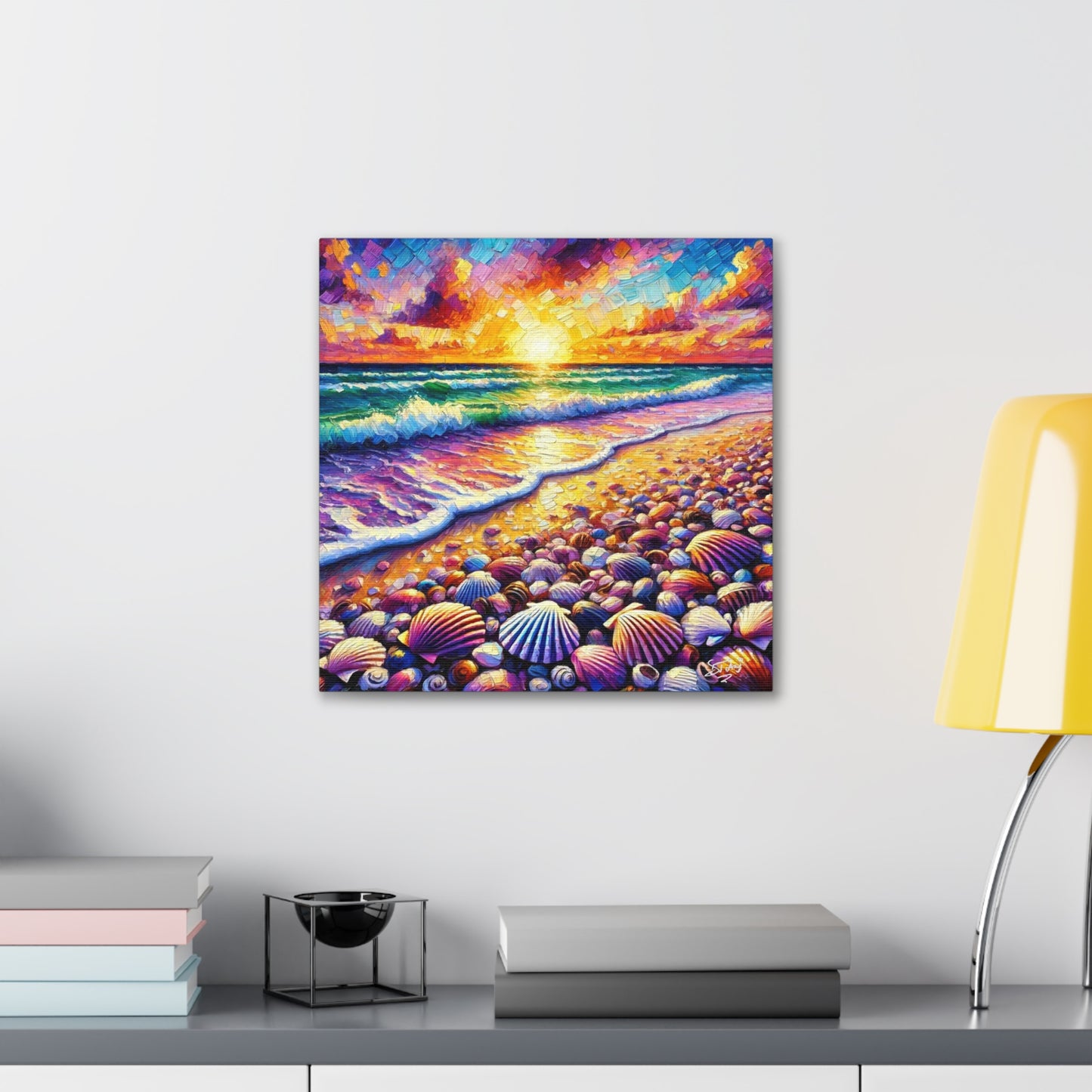 Art Print, Seashell, Caribbean Sunset Beach Scene, Abstract, Oil Painting, West Indian Art, Canvas Gallery Wraps