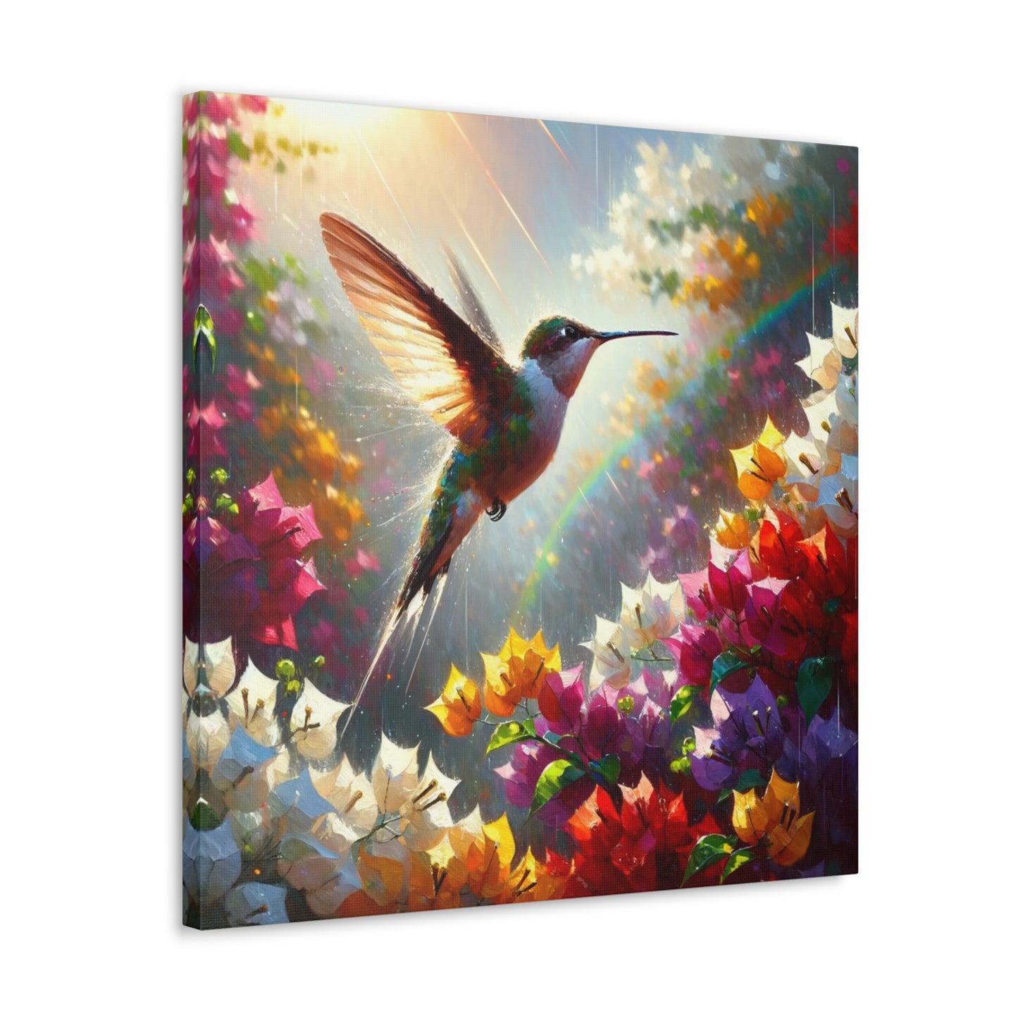 Art Print#3 of Hummingbird in Flight...in the Sun and Rain, Bougainvillea, Caribbean, Oil Finish, West Indian Art, Canvas Gallery Wraps