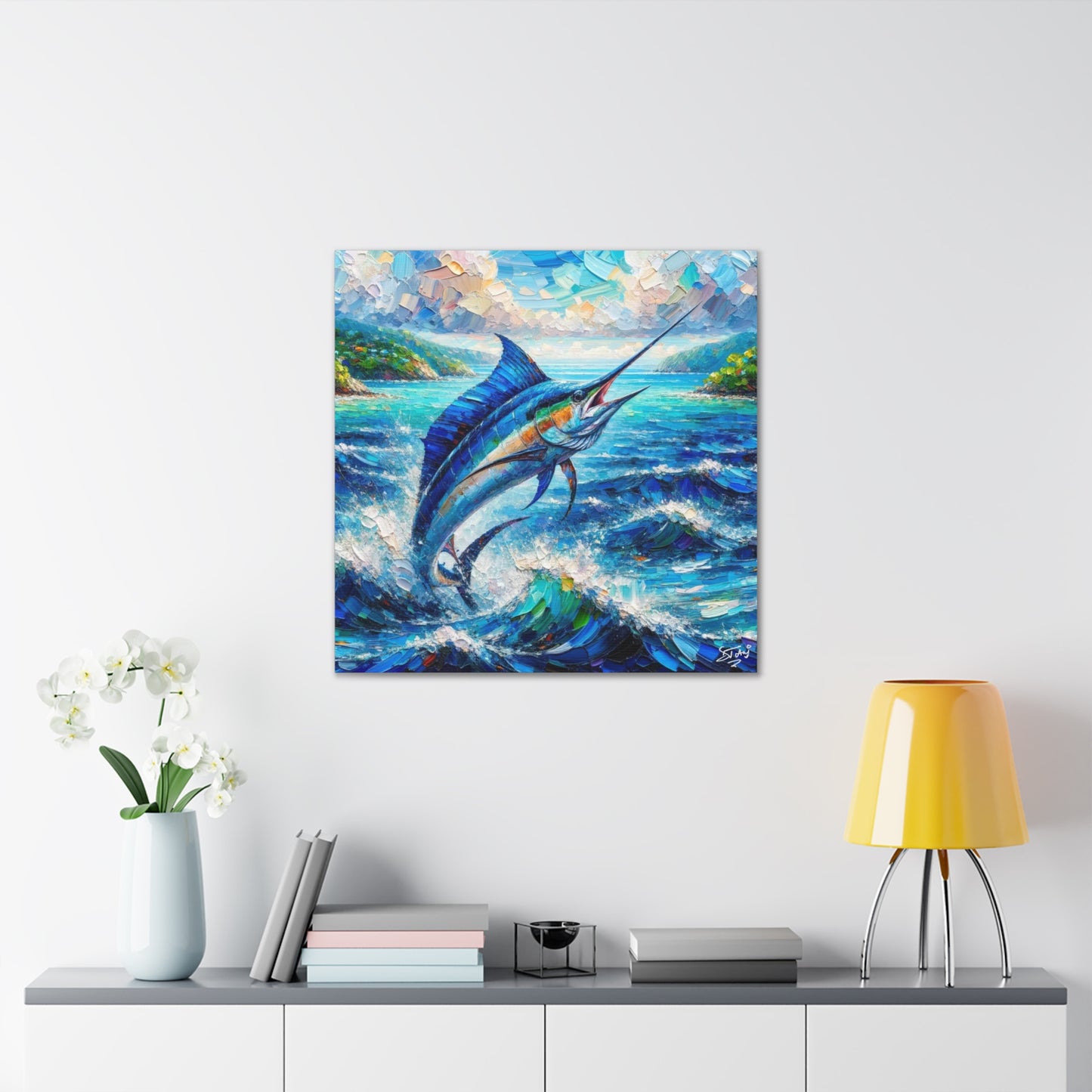 Art Print, Blue Marlin, Oil Finish, Caribbean Nature, Canvas Gallery Wrap