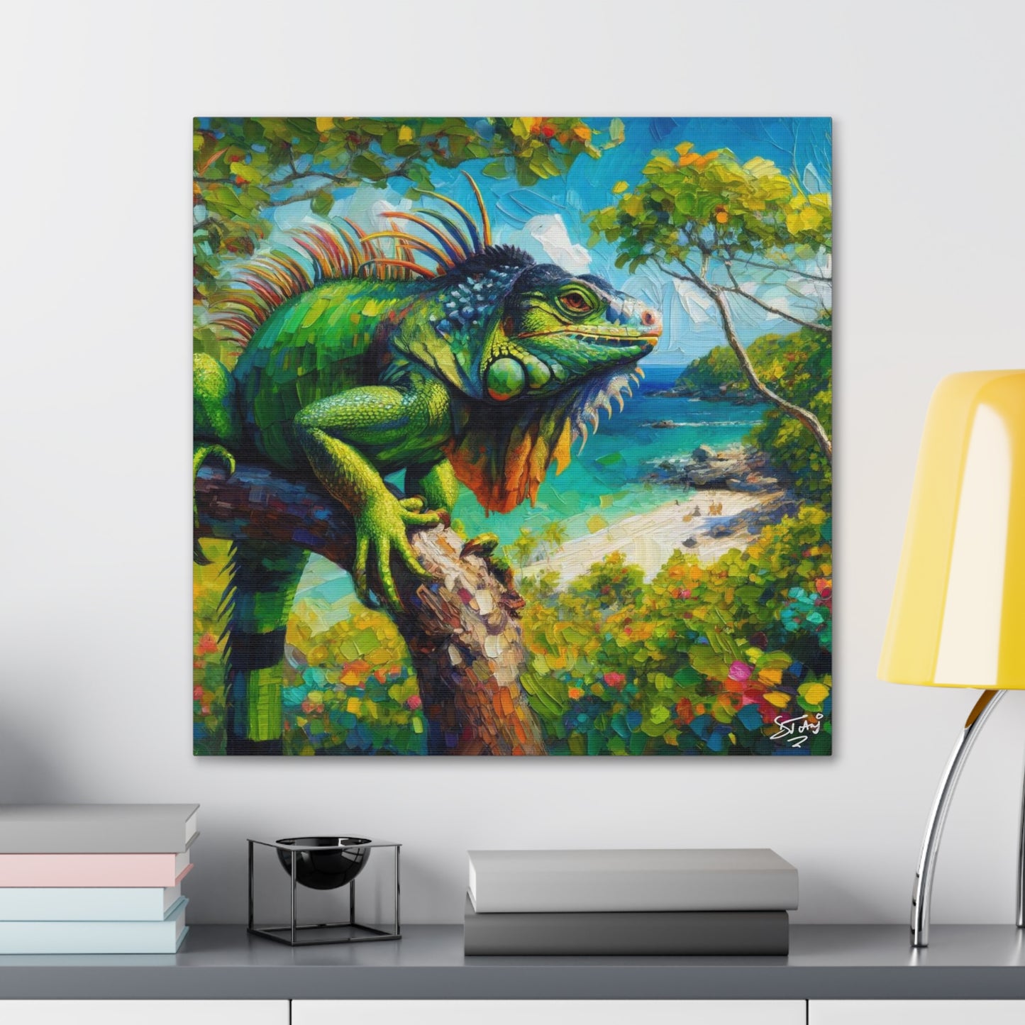 Art Print, Iguana, Caribbean Wildlife, Oil Finish, Caribbean Nature, Cultural, Heritage, Canvas Gallery Wrap