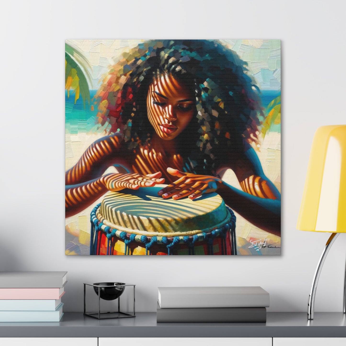 Art Print, Afro-Caribbean Woman, "Drumming" Oil Finish, West Indian Ethnicity, Cultural, Heritage, Abstract, Canvas Gallery Wrap