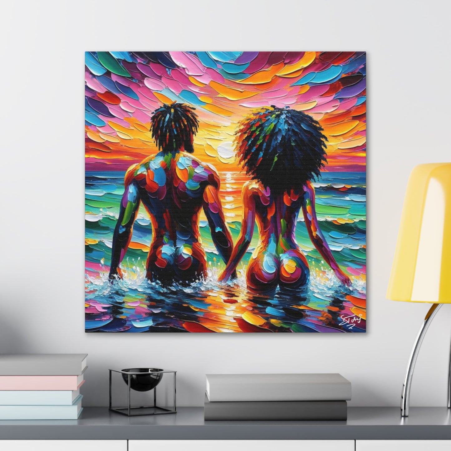 Art Print, Afro-Caribbean Couple "Skinny Dipping," Oil Finish, West Indian Ethnicity, Cultural, Heritage, Semi-Abstract, Canvas Gallery Wrap