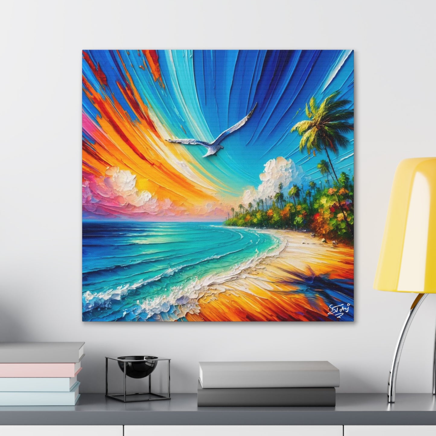 Art Print, "Bird Enjoying View," Oil Finish, Caribbean Nature, Cultural, Heritage, Semi-Abstract, Canvas Gallery Wrap