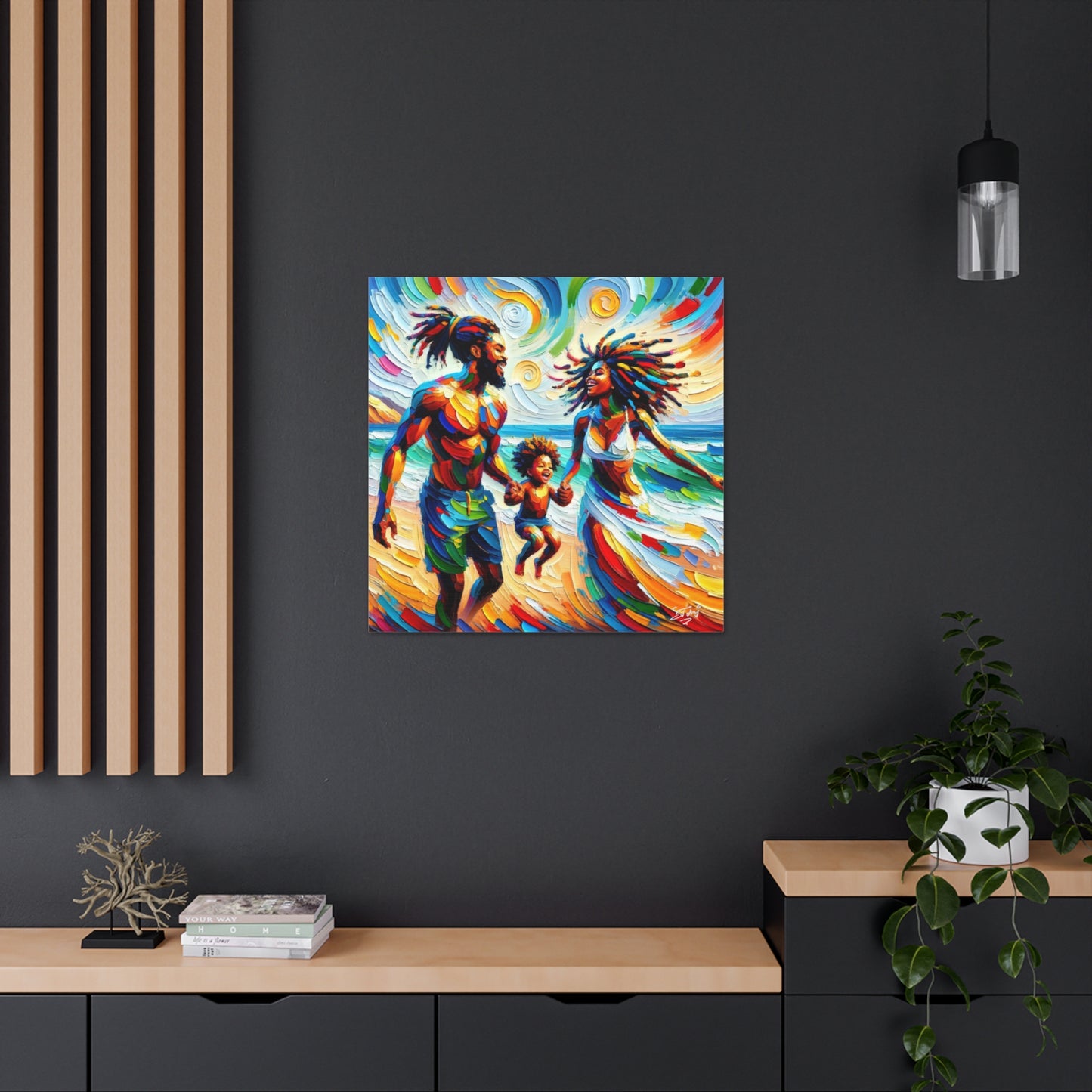 Art Print, Afro-Caribbean Family "Walking on the Beach," Oil Finish, West Indian Ethnicity, Cultural, Heritage, Semi-Abstract, Canvas Gallery Wrap