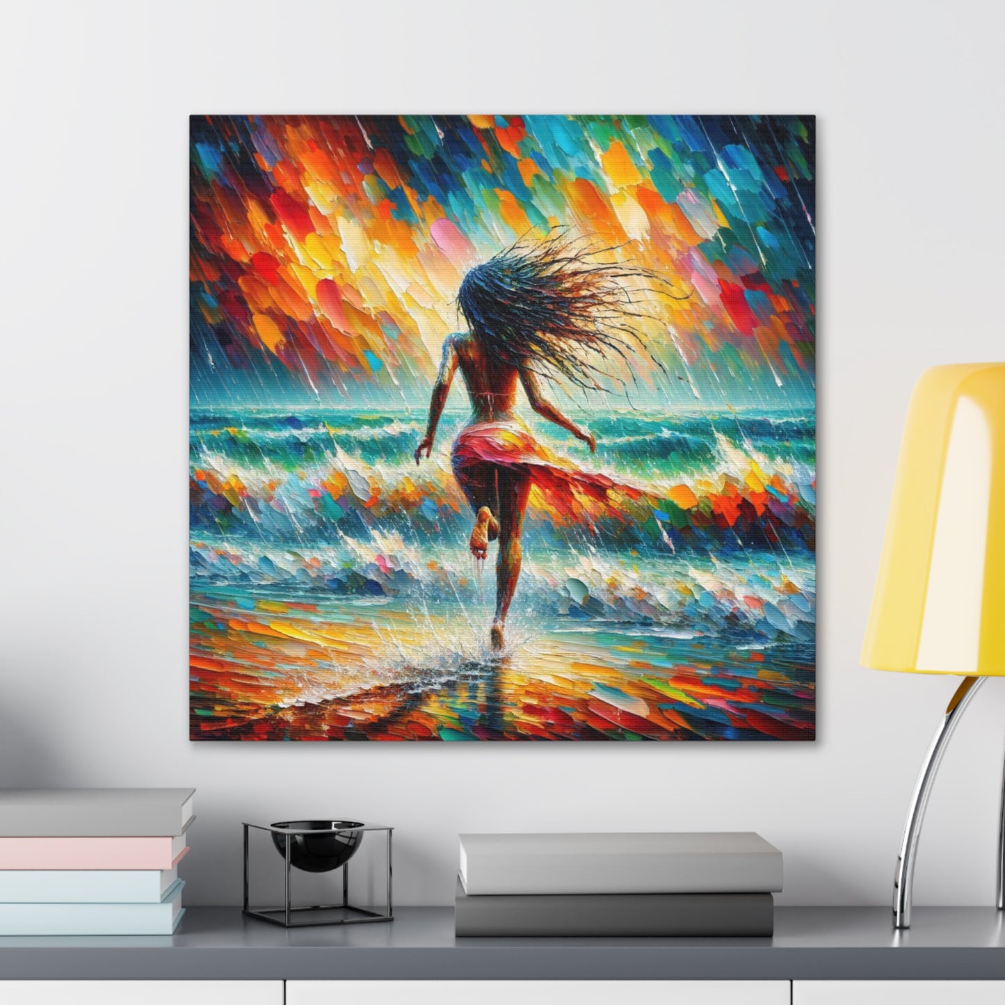 Art Print#6, East Indian Woman from Trinidad running into the Atlantic Ocean, Caribbean, Oil Finish, West Indian Art, Canvas Gallery Wraps