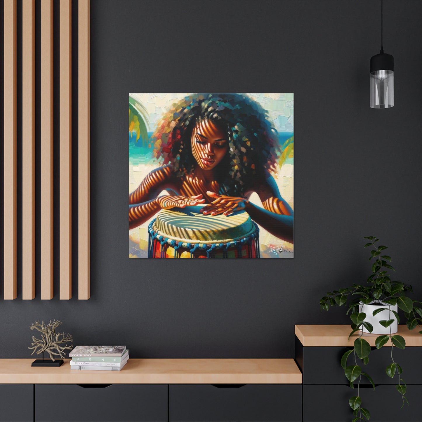 Art Print, Afro-Caribbean Woman, "Drumming" Oil Finish, West Indian Ethnicity, Cultural, Heritage, Abstract, Canvas Gallery Wrap