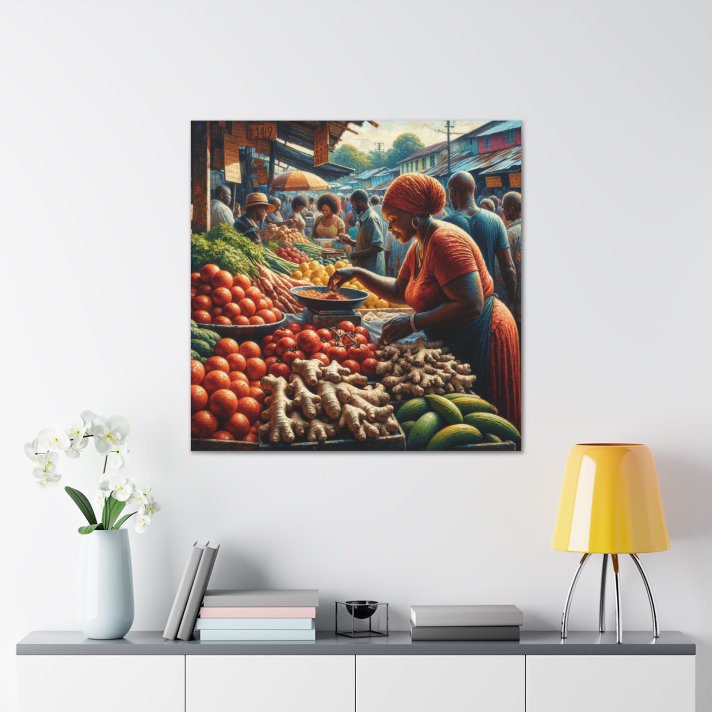 Art Print#7, "Selling at the Market", Market Scene in Trinidad, Caribbean, Oil Finish, West Indian Art, Canvas Gallery Wraps