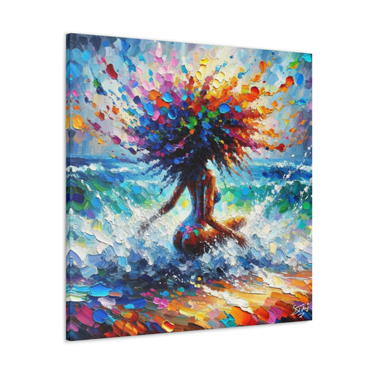 Art Print, Afro-Caribbean Woman, "Splashing Fun" Oil Finish, West Indian Ethnicity, Cultural, Heritage, Abstract, Canvas Gallery Wrap