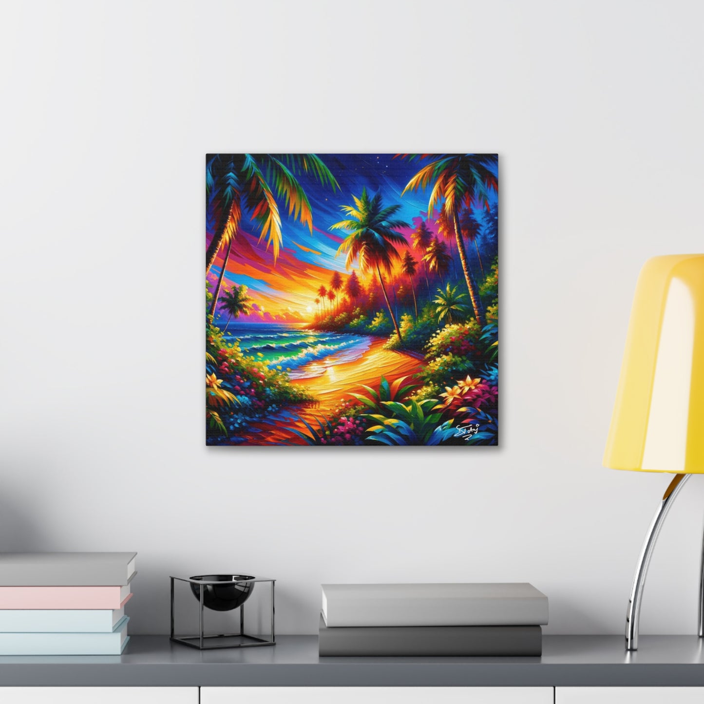 Art Print of Caribbean Beach Sunset Scene, Semi-Abstract Oil Painting, West Indian Art, Canvas Gallery Wraps