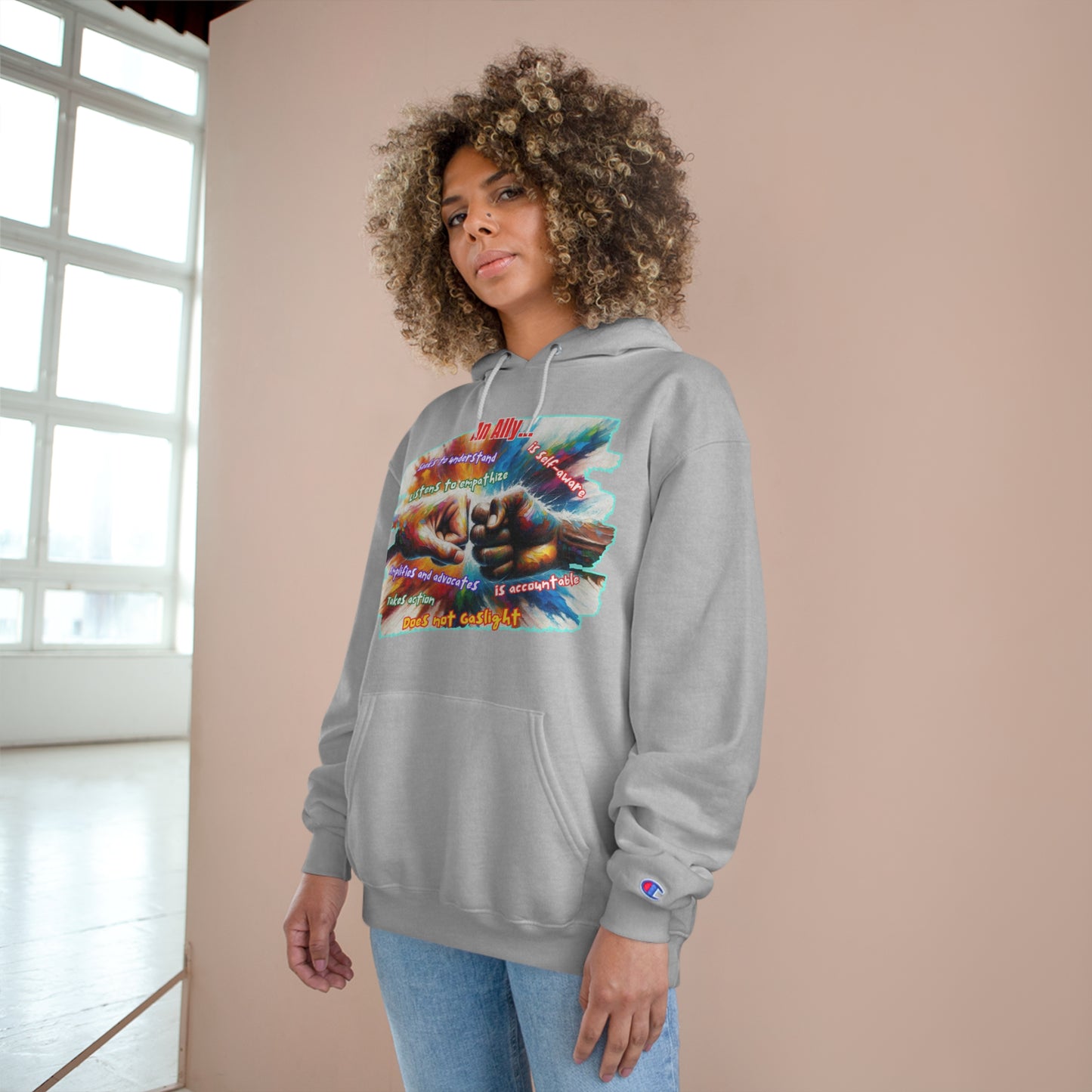 Champion Hoodie, "An Ally..." Inclusion, Anti-Racism, Racial Justice, One Love, Unity, Diversity, Immigrant Outsiders, Caribbean Culture, FashionWithPurpose, ConsciousClothing, Cultural Identity, Black Inspiration Empowerment