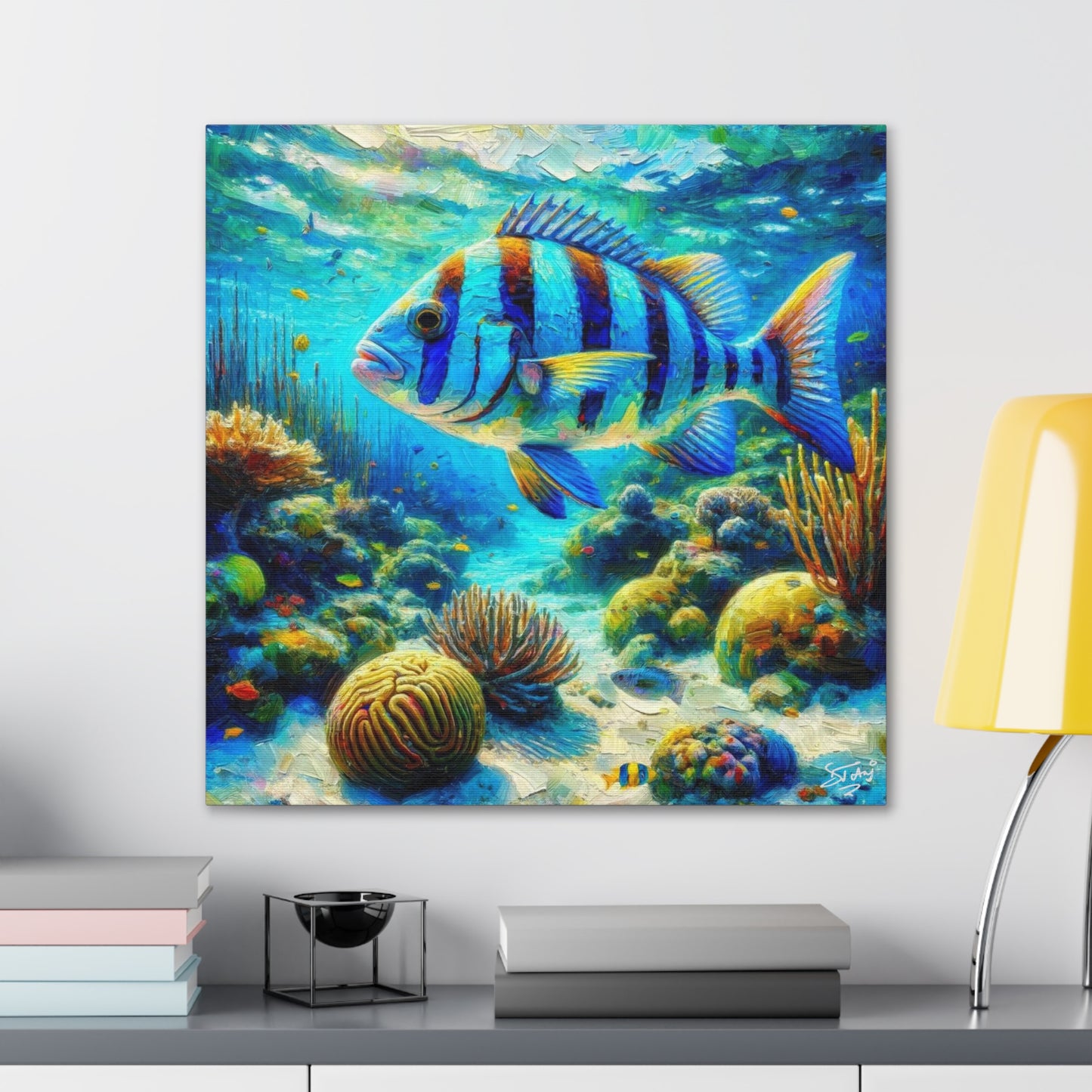 Art Print, Blue-Striped Grunt Fish in Coral Reef, Oil Finish, Caribbean Nature, Semi-Abstract, Canvas Gallery Wrap