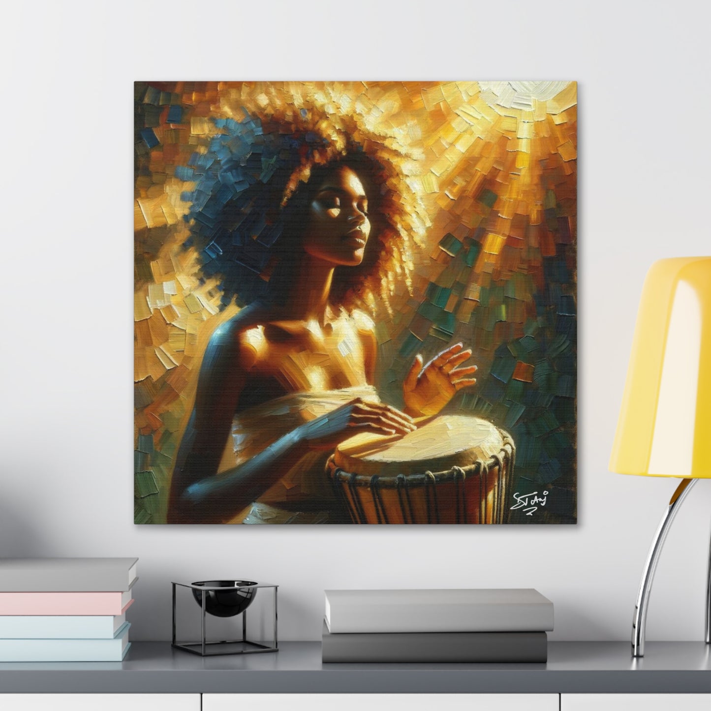 Art Print, Afro-Caribbean Woman, "Drumming" Oil Finish, West Indian Ethnicity, Cultural, Heritage, Abstract, Canvas Gallery Wrap