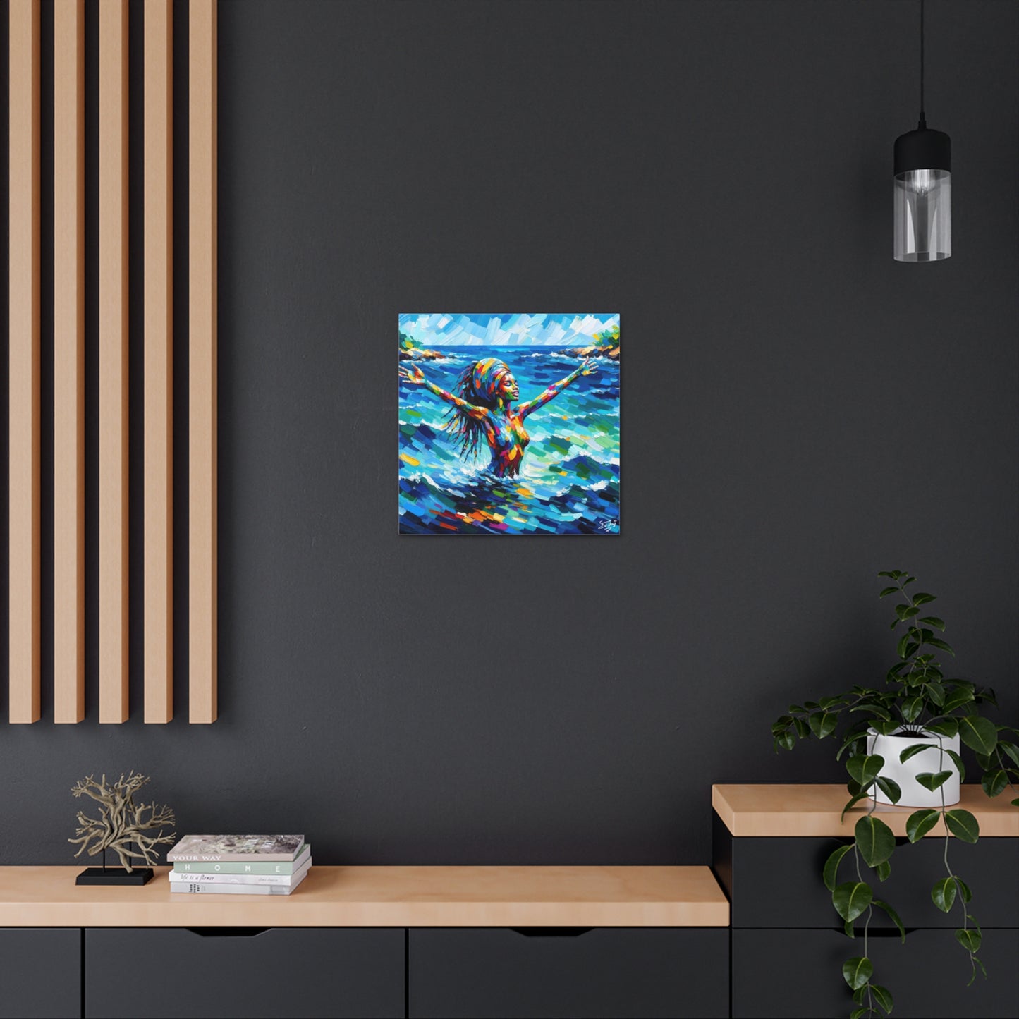 Art Print, Black Woman, Sea Bath, Oil Finish, Caribbean Nature, Semi-Abstract, Canvas Gallery Wrap