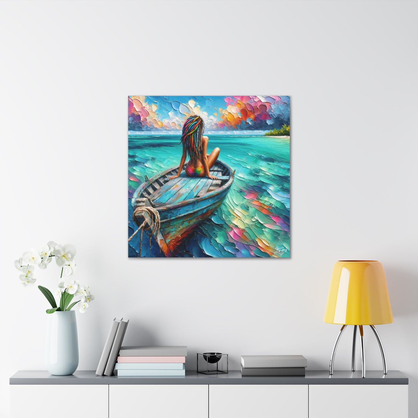 Art Print, Caribbean Woman "Chilling in the Boat" Oil Finish, West Indian Ethnicity, Cultural, Heritage, Semi-Abstract, Canvas Gallery Wrap