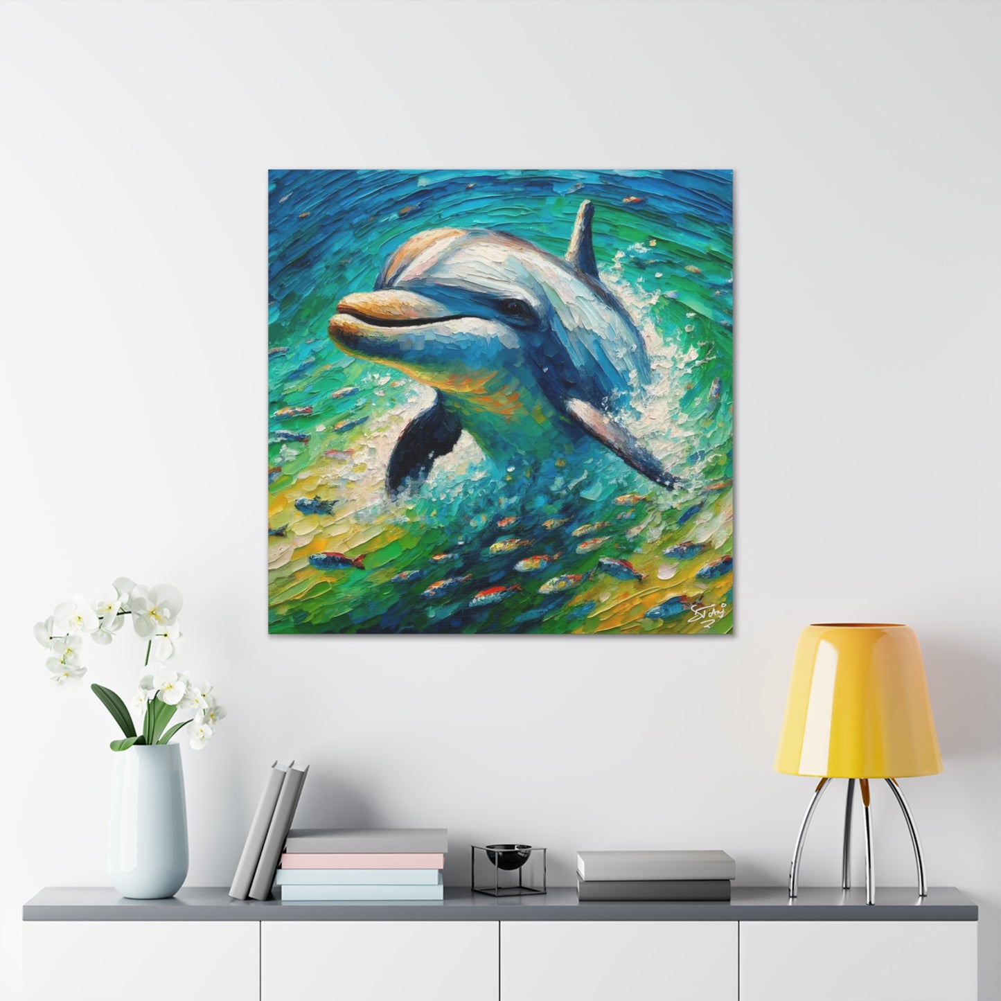 Art Print, Dolphin in the Caribbean Sea, Oil Finish, Caribbean Nature, Canvas Gallery Wrap