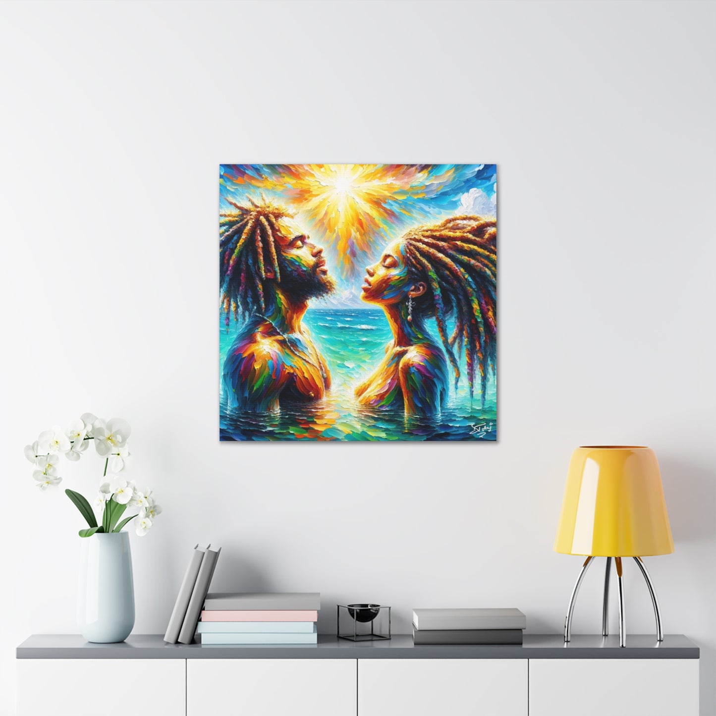 Art Print, Afro-Caribbean Couple in the Ocean, Oil Finish, West Indian Ethnicity, Cultural, Heritage, Semi-Abstract, Canvas Gallery Wrap