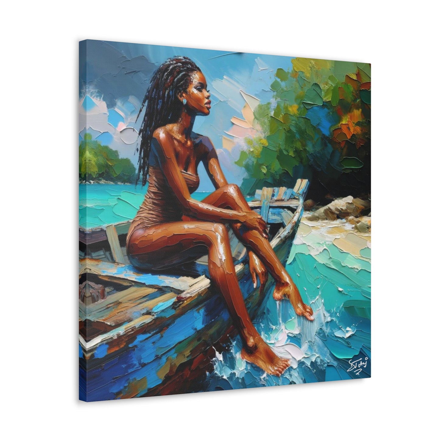 Art Print, Afro-Caribbean Woman "Chilling in the Boat (3)" Oil Finish, West Indian Ethnicity, Cultural, Heritage, Semi-Abstract, Canvas Gallery Wrap