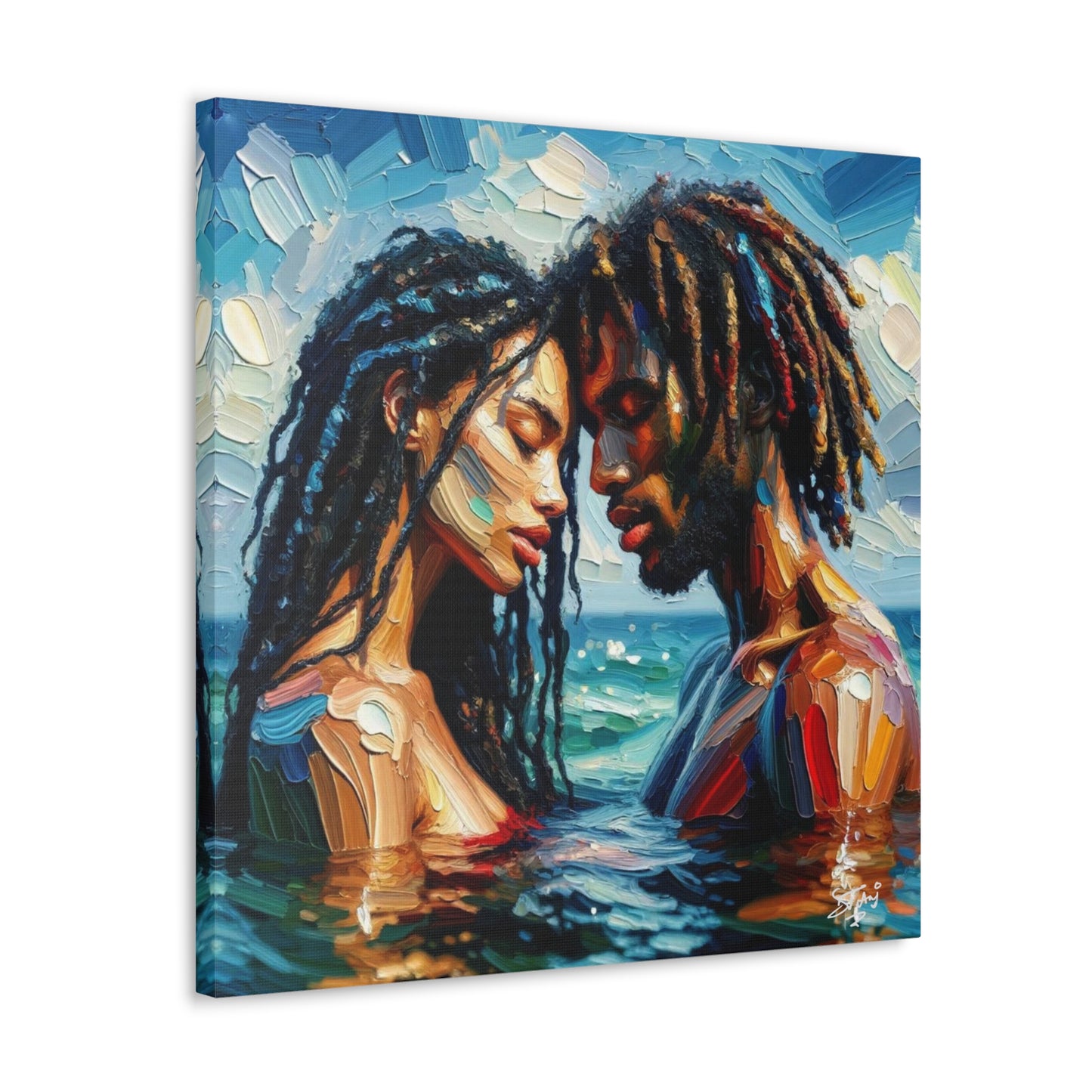 Art Print, Caribbean Couple, "In Our World" Semi-Abstract Oil Finish, West Indian Ethnicity, Cultural, Heritage, Abstract, Canvas Gallery Wrap