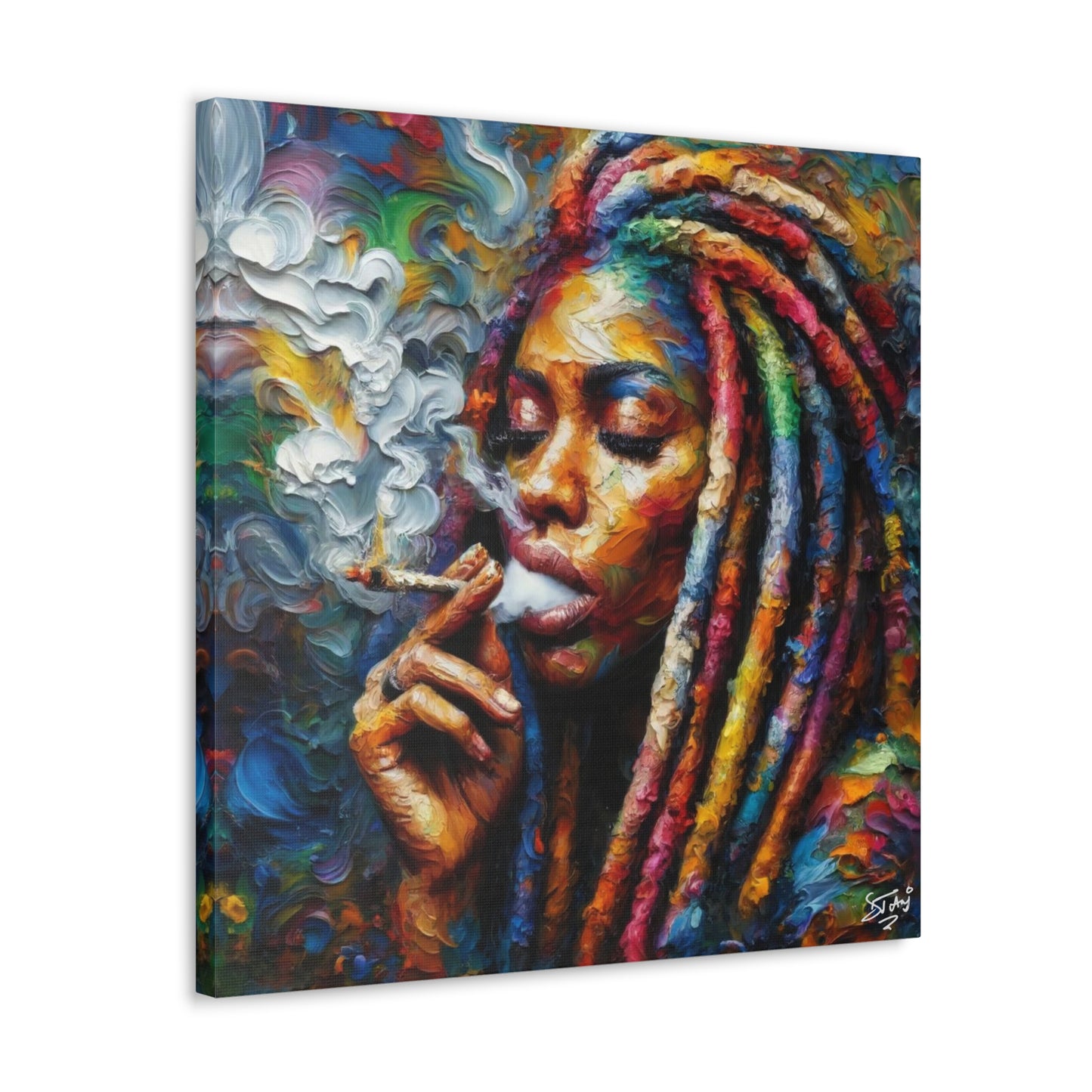 Art Print of Rasta-Woman Smoking, Oil Finish, West Indian Ethnicity, Cultural, Heritage, Afro-Caribbean Man, Semi-Abstract, Canvas Gallery Wrap