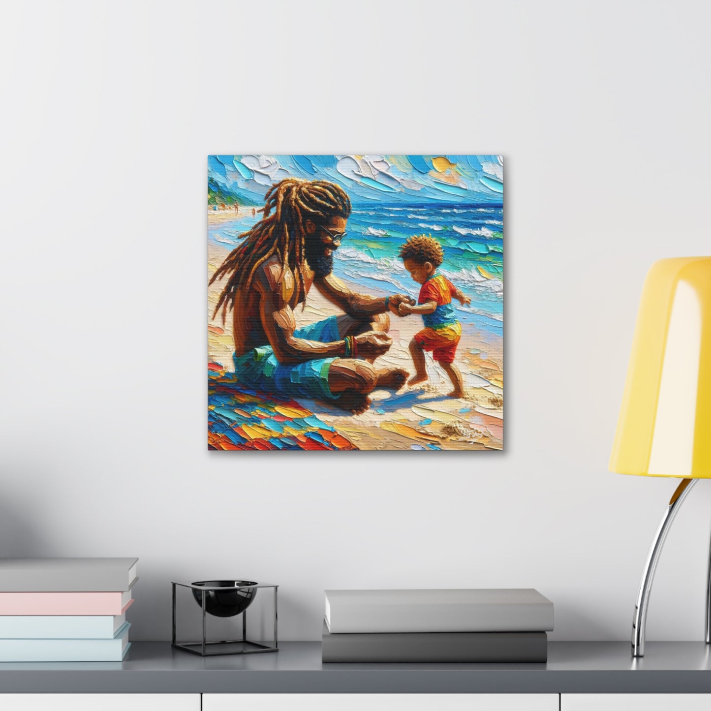 Art Print, Afro-Caribbean Father & Son "Sitting on the Beach," Oil Finish, West Indian Ethnicity, Cultural, Heritage, Semi-Abstract, Canvas Gallery Wrap