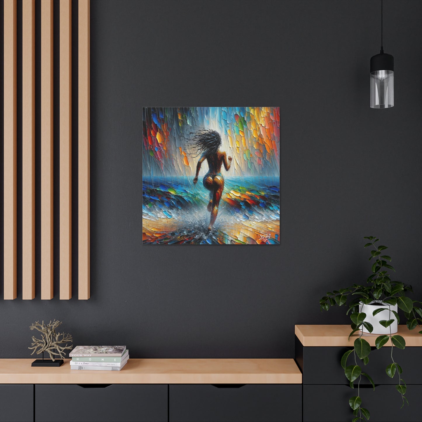 Art Print, Dougla Woman "Running Into the Storm" Oil Finish, West Indian Ethnicity, Cultural, Heritage, Semi-Abstract, Canvas Gallery Wrap