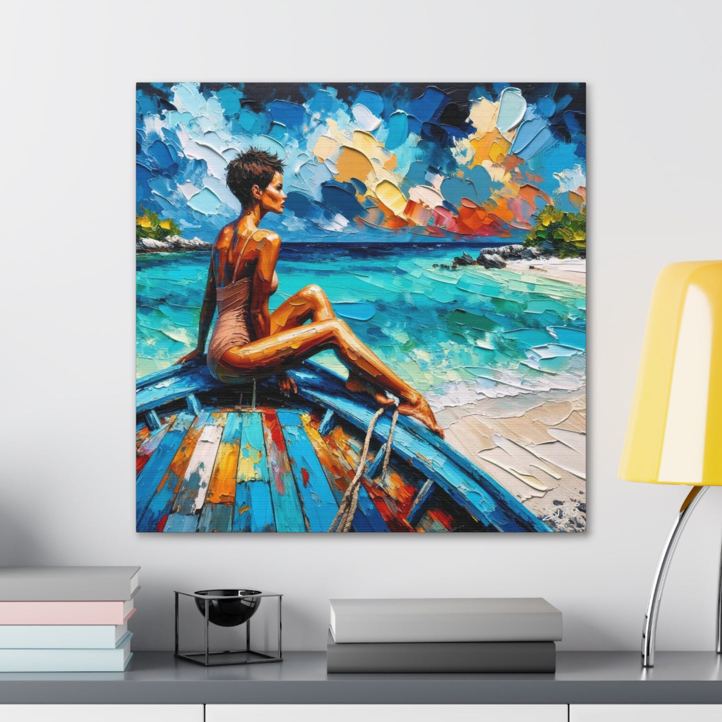 Art Print, Caribbean Woman "Chilling in the Boat" Oil Finish, West Indian Ethnicity, Cultural, Heritage, Semi-Abstract, Canvas Gallery Wrap