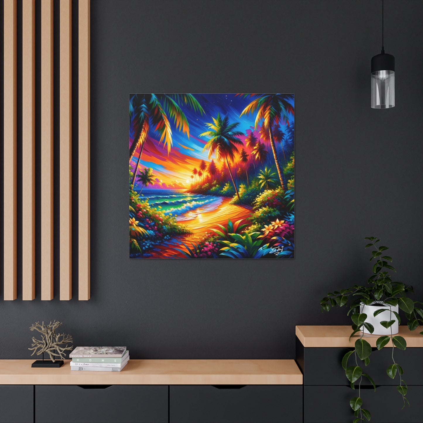 Art Print of Caribbean Beach Sunset Scene, Semi-Abstract Oil Painting, West Indian Art, Canvas Gallery Wraps