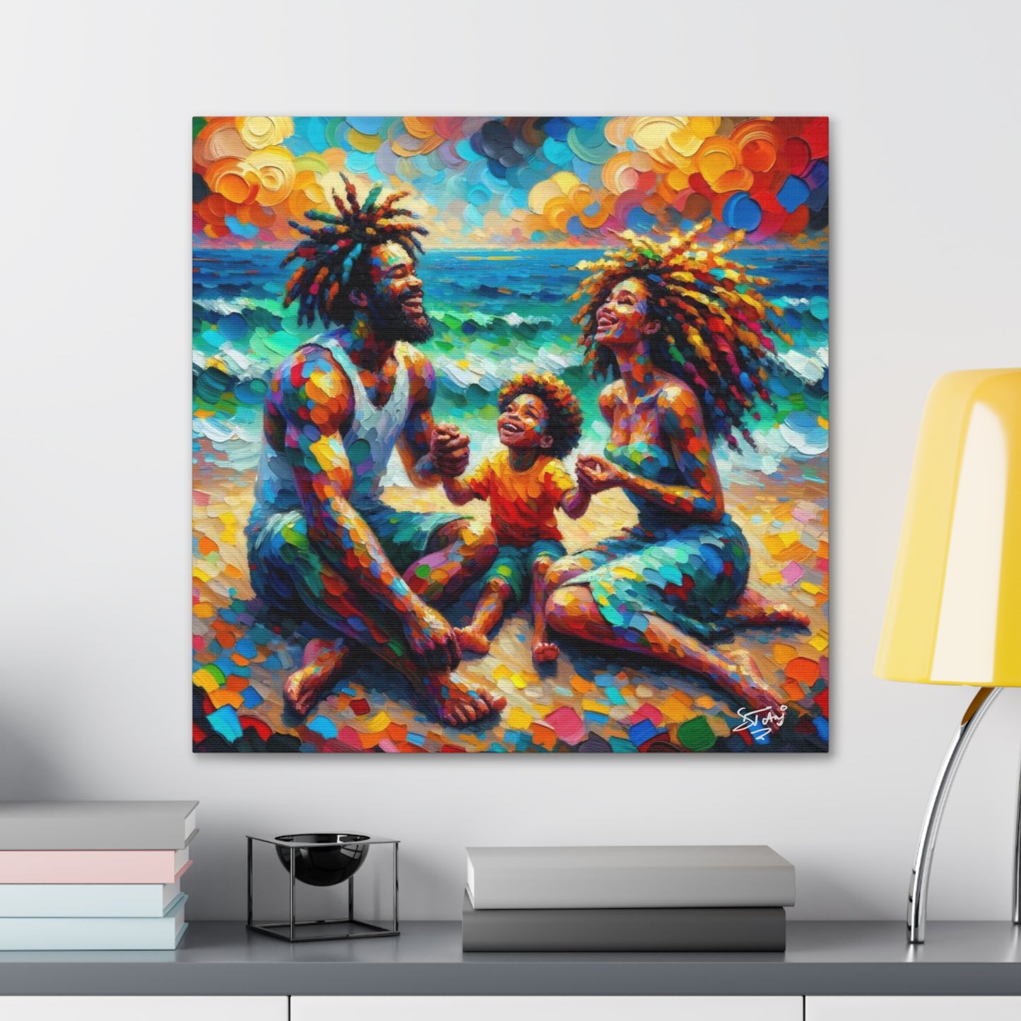 Art Print, Afro-Caribbean Family "Sitting on the Beach," Oil Finish, West Indian Ethnicity, Cultural, Heritage, Semi-Abstract, Canvas Gallery Wrap