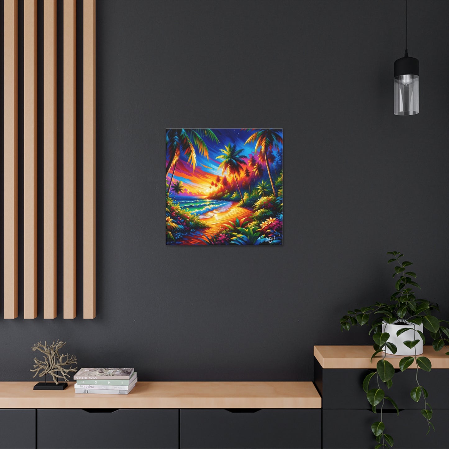 Art Print of Caribbean Beach Sunset Scene, Semi-Abstract Oil Painting, West Indian Art, Canvas Gallery Wraps