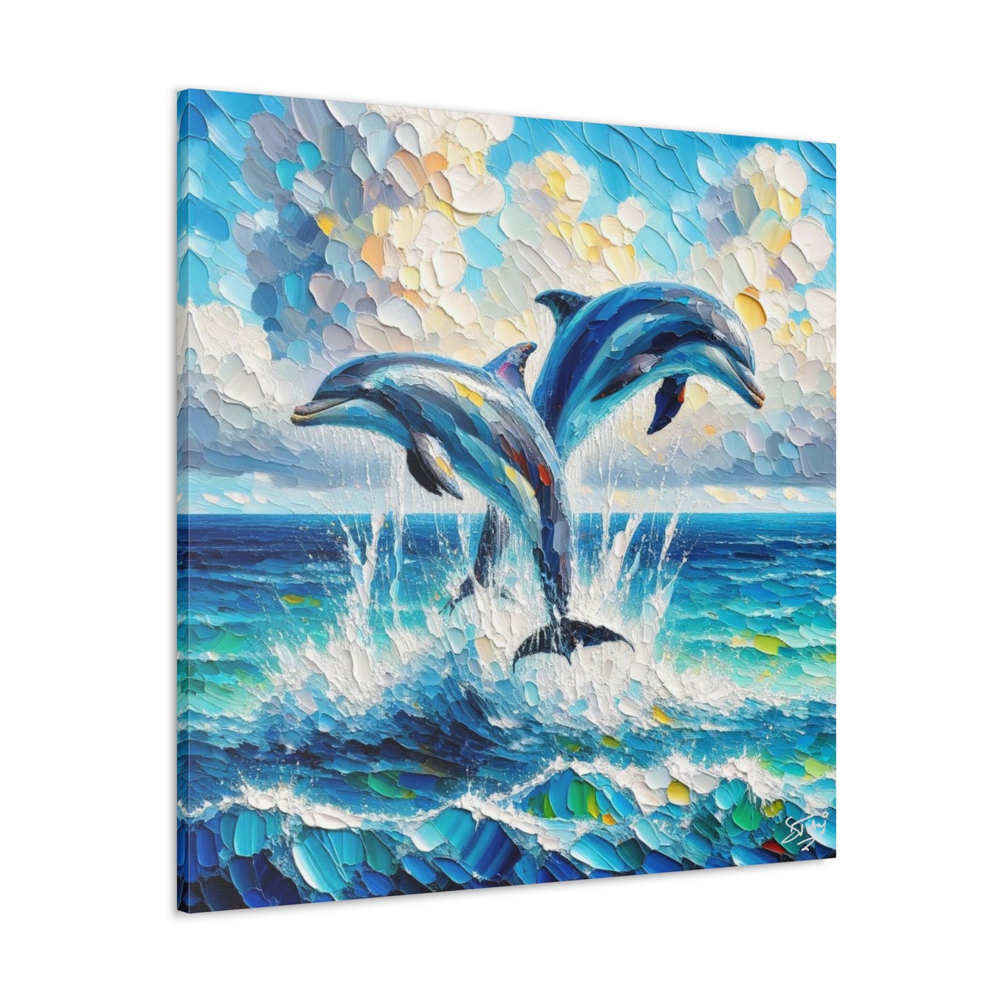 Art Print, Two Dolphins, Oil Finish, Caribbean Nature, Canvas Gallery Wrap