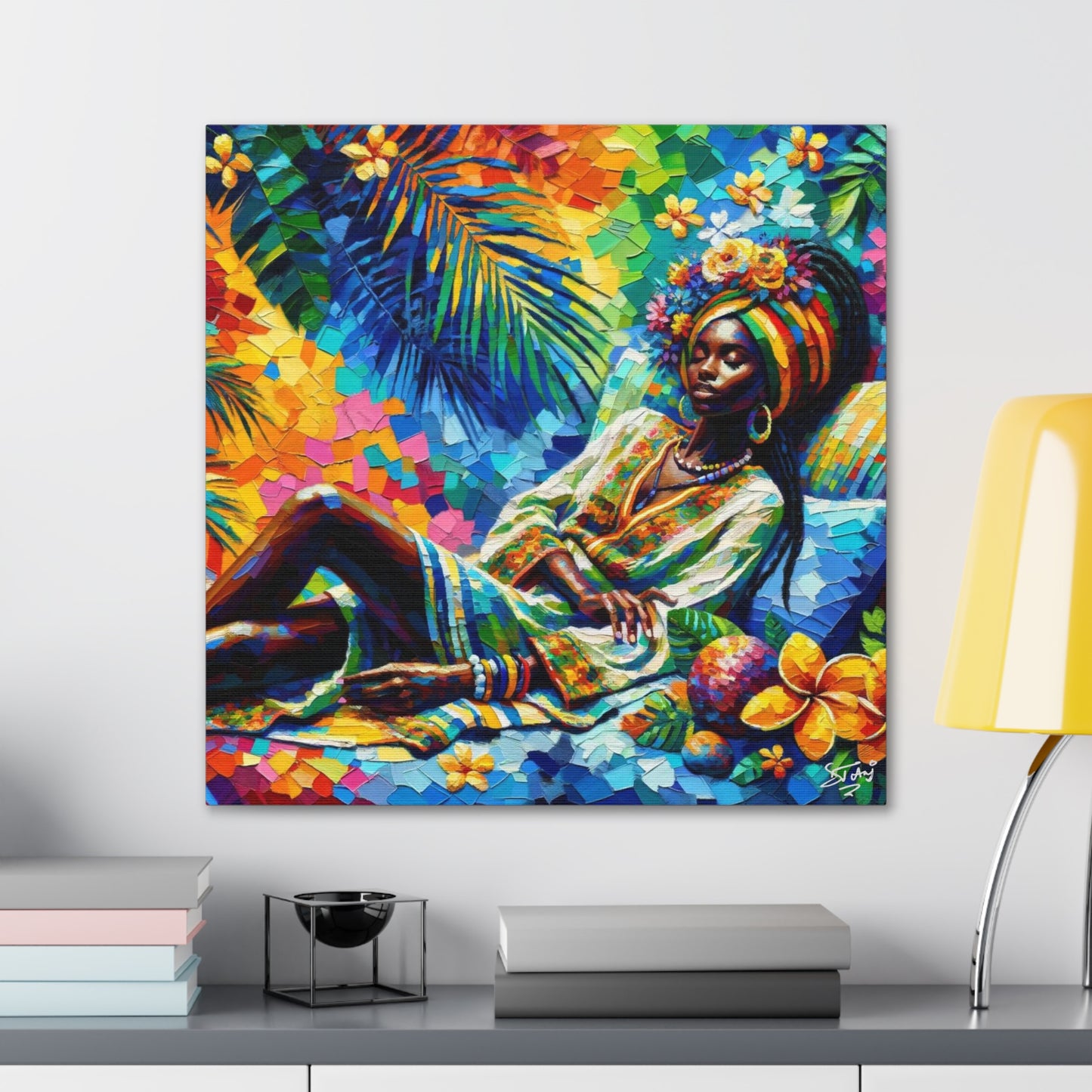 Art Print, Afro-Caribbean Woman, "Taking a Siesta" Oil Finish, West Indian Ethnicity, Cultural, Heritage, Abstract, Canvas Gallery Wrap