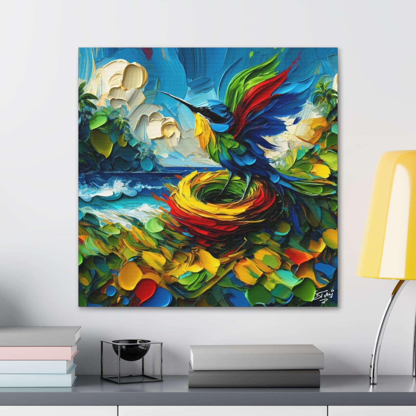 Art Print, Hummingbird, Oil Finish, Caribbean Nature, Cultural, Heritage, Semi-Abstract, Canvas Gallery Wrap