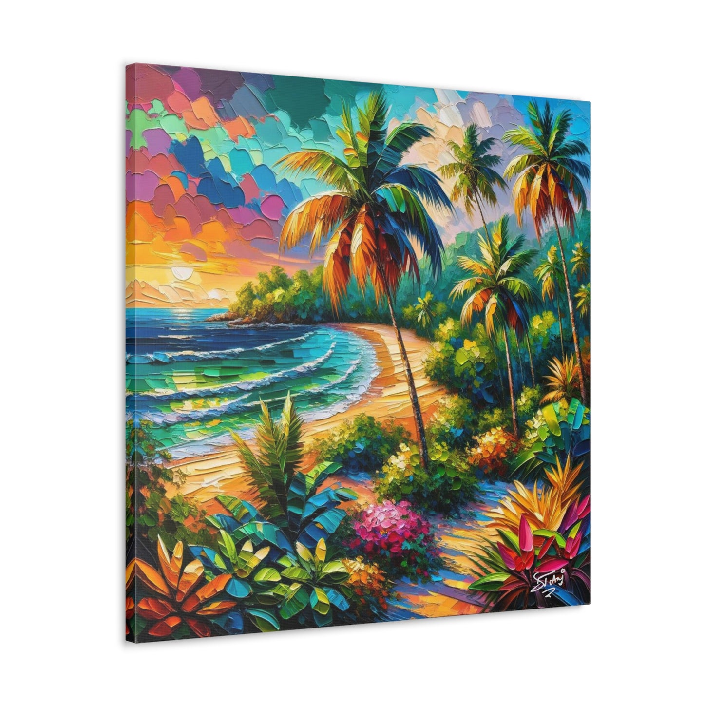 Art Print of Caribbean Beach Sunset, Semi-Abstract, Oil Painting, West Indian Art, Canvas Gallery Wraps