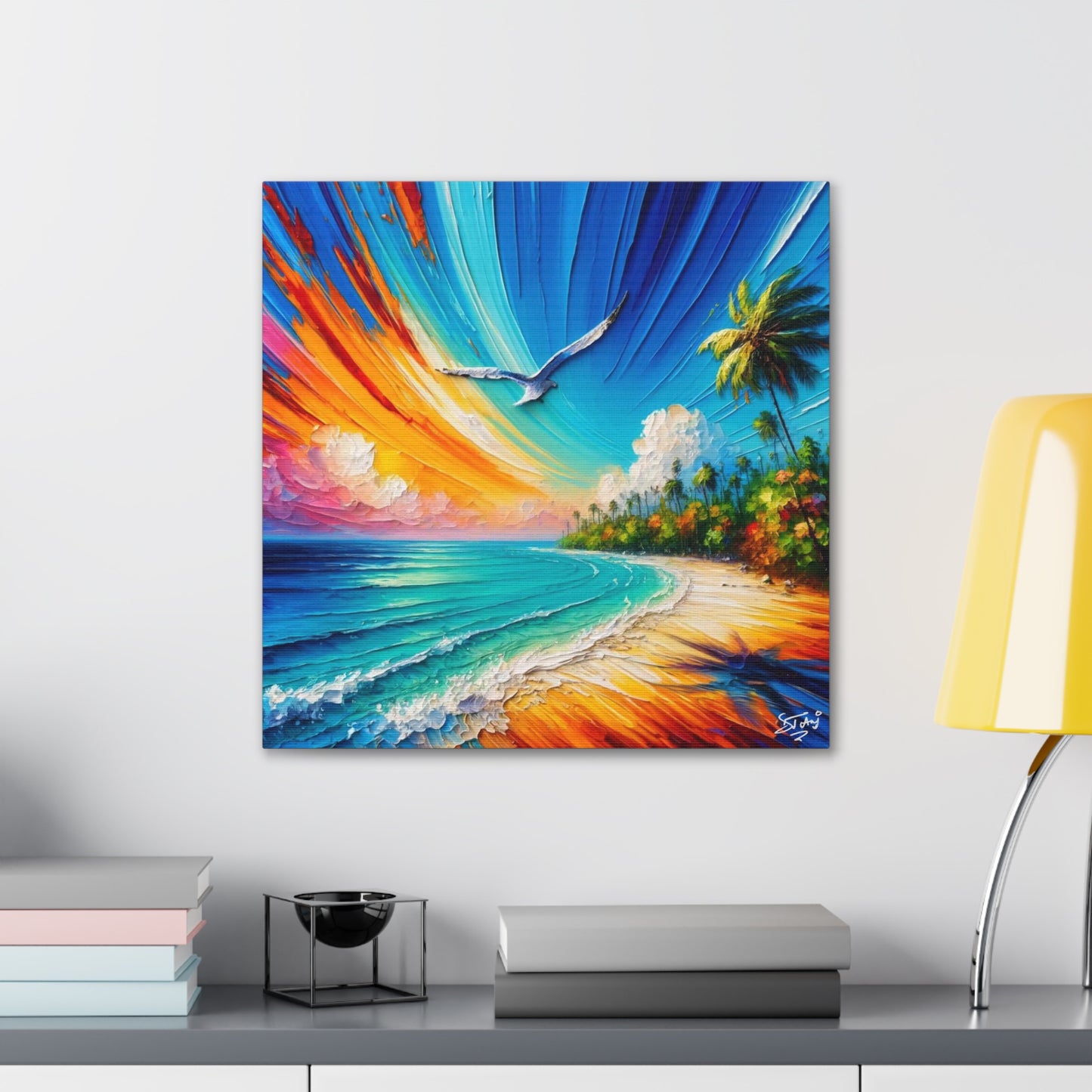 Art Print, "Bird Enjoying View," Oil Finish, Caribbean Nature, Cultural, Heritage, Semi-Abstract, Canvas Gallery Wrap