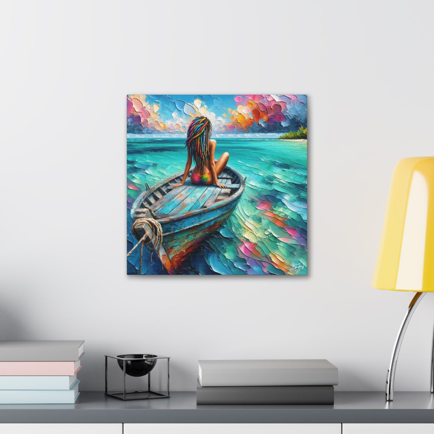 Art Print, Caribbean Woman "Chilling in the Boat" Oil Finish, West Indian Ethnicity, Cultural, Heritage, Semi-Abstract, Canvas Gallery Wrap