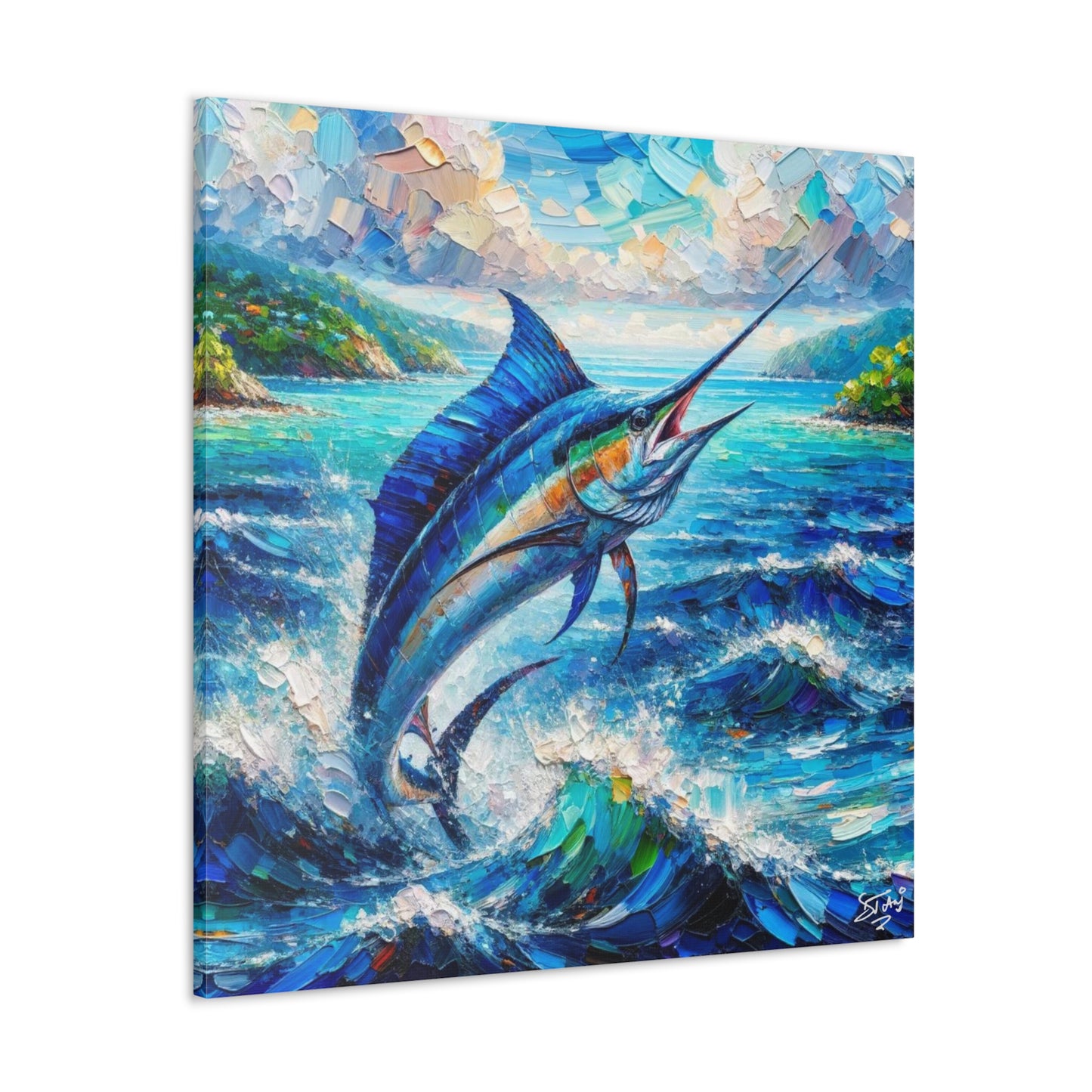 Art Print, Blue Marlin, Oil Finish, Caribbean Nature, Canvas Gallery Wrap