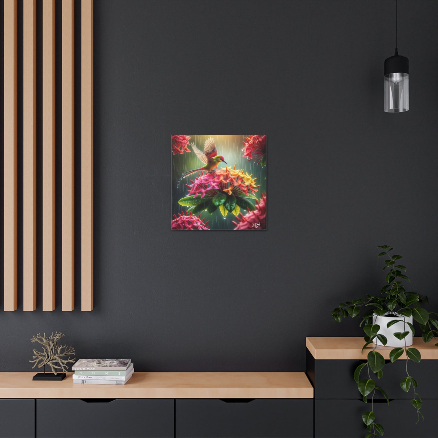 Print of Tropical Bird in the Rain Perched on Ixora Flower, Oil Paint Finish, Caribbean, Tropical, Canvas Gallery Wraps