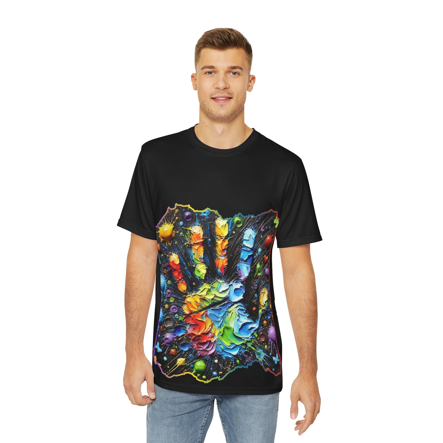 Men's Brushed Polyester Short Sleeve Tee (AOP), Colorful Hand Print