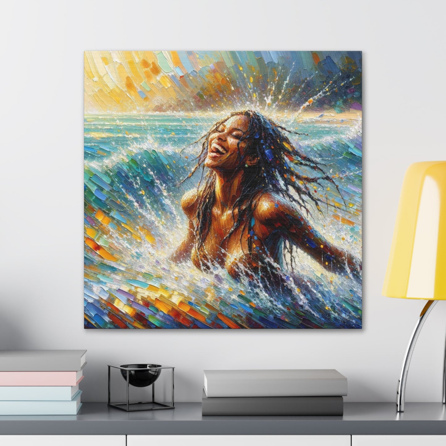 Art Print#4 of Dougla Woman's Exhilaration Captured - Joy, Laughter, Color, Caribbean Sea, Oil Finish, West Indian Art, Canvas Gallery Wraps