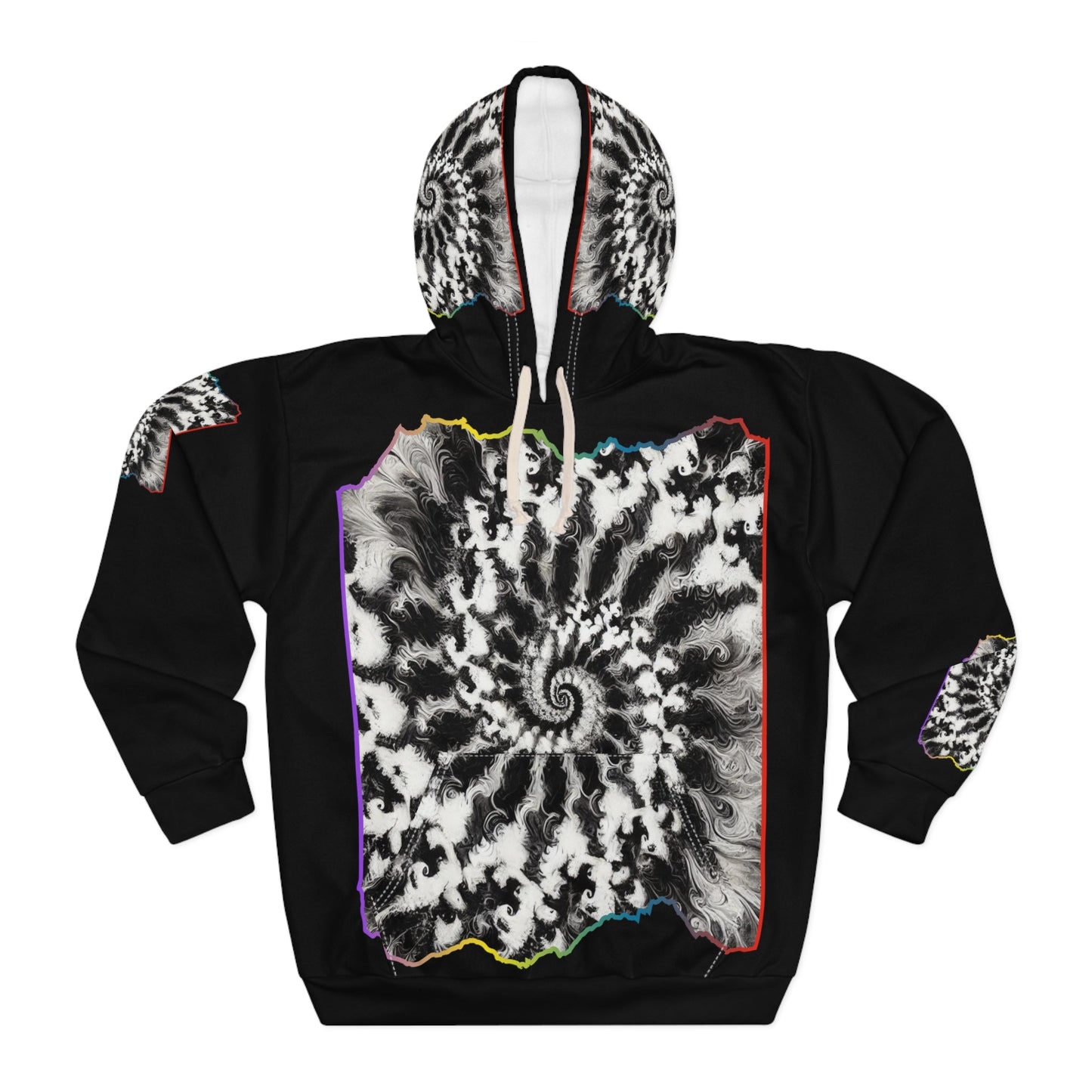 Unisex Pullover Hoodie (AOP) "B&W Tie-Dye Abstract Print"