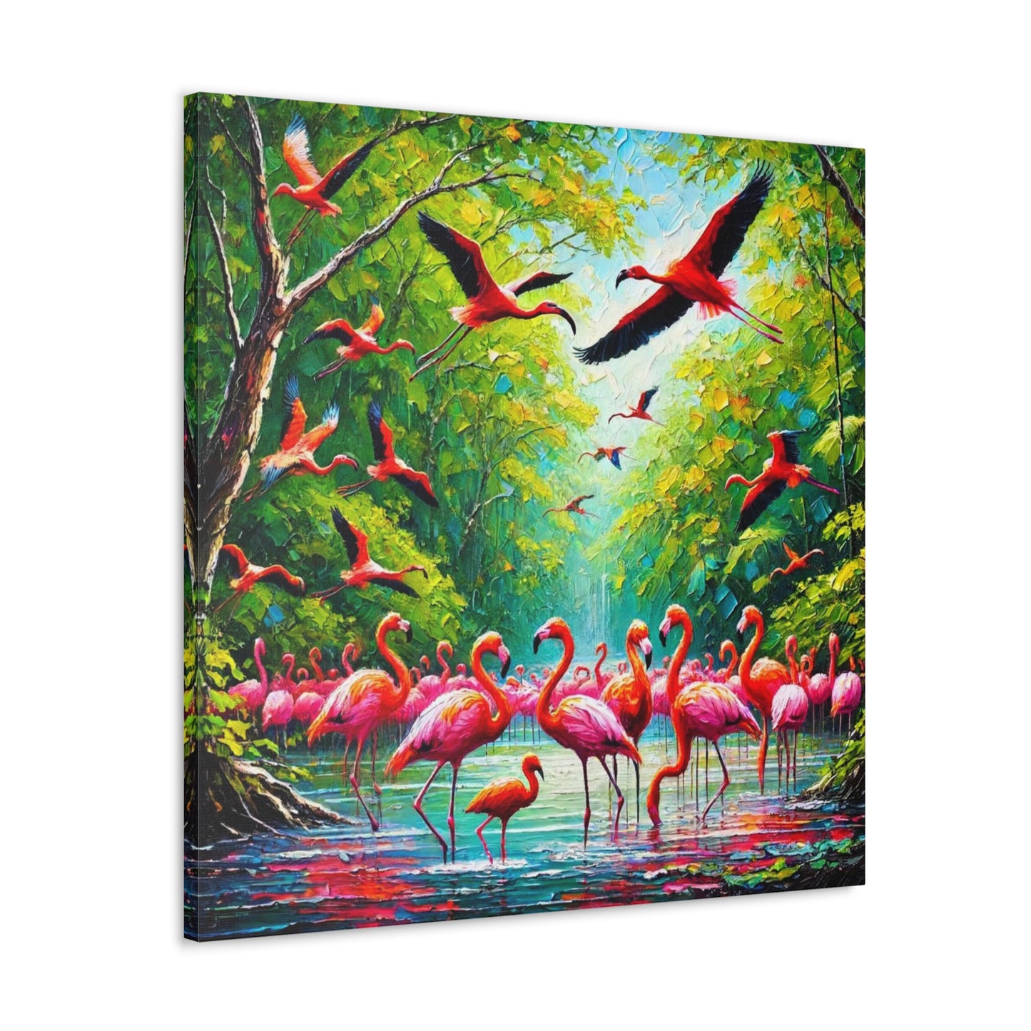 Art Print, Scarlet Ibises & Flamingos in Their Natural Mangrove Habitat in Trinidad and Tobago, Caribbean, West Indian Art, Canvas Gallery Wraps