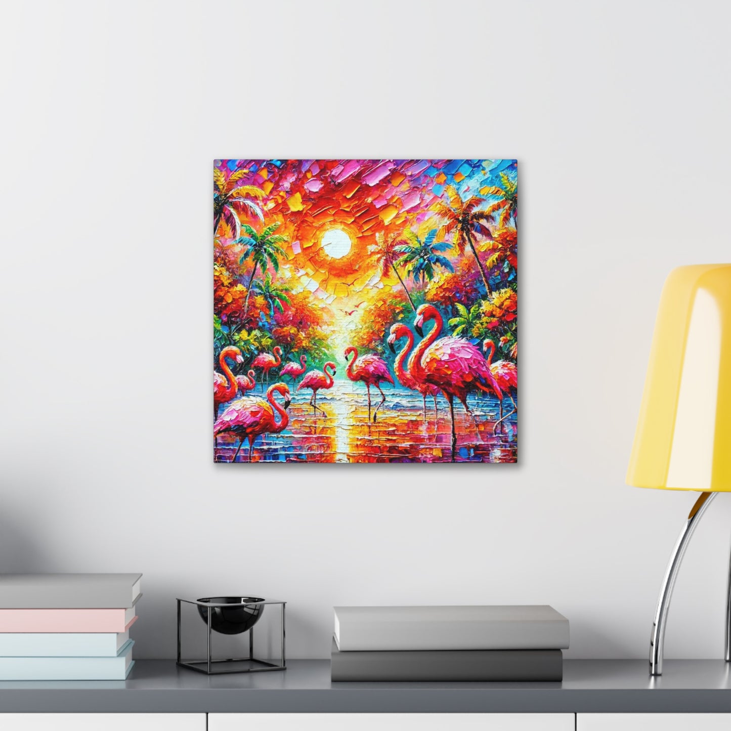 Art Print, Flamingos, Abstract Oil Finish, Trinidad & Tobago, Caribbean, West Indian Art, Canvas Gallery Wraps