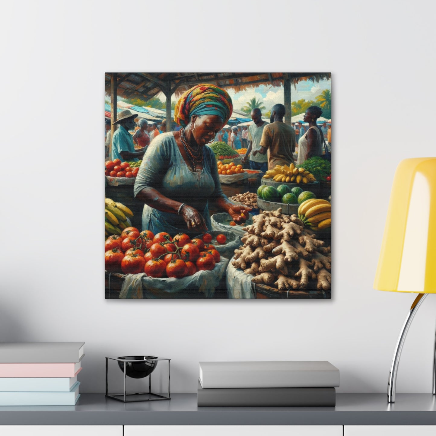 Art Print#5, "Selling at the Market", Market Scene in Trinidad, Caribbean, Oil Finish, West Indian Art, Canvas Gallery Wraps