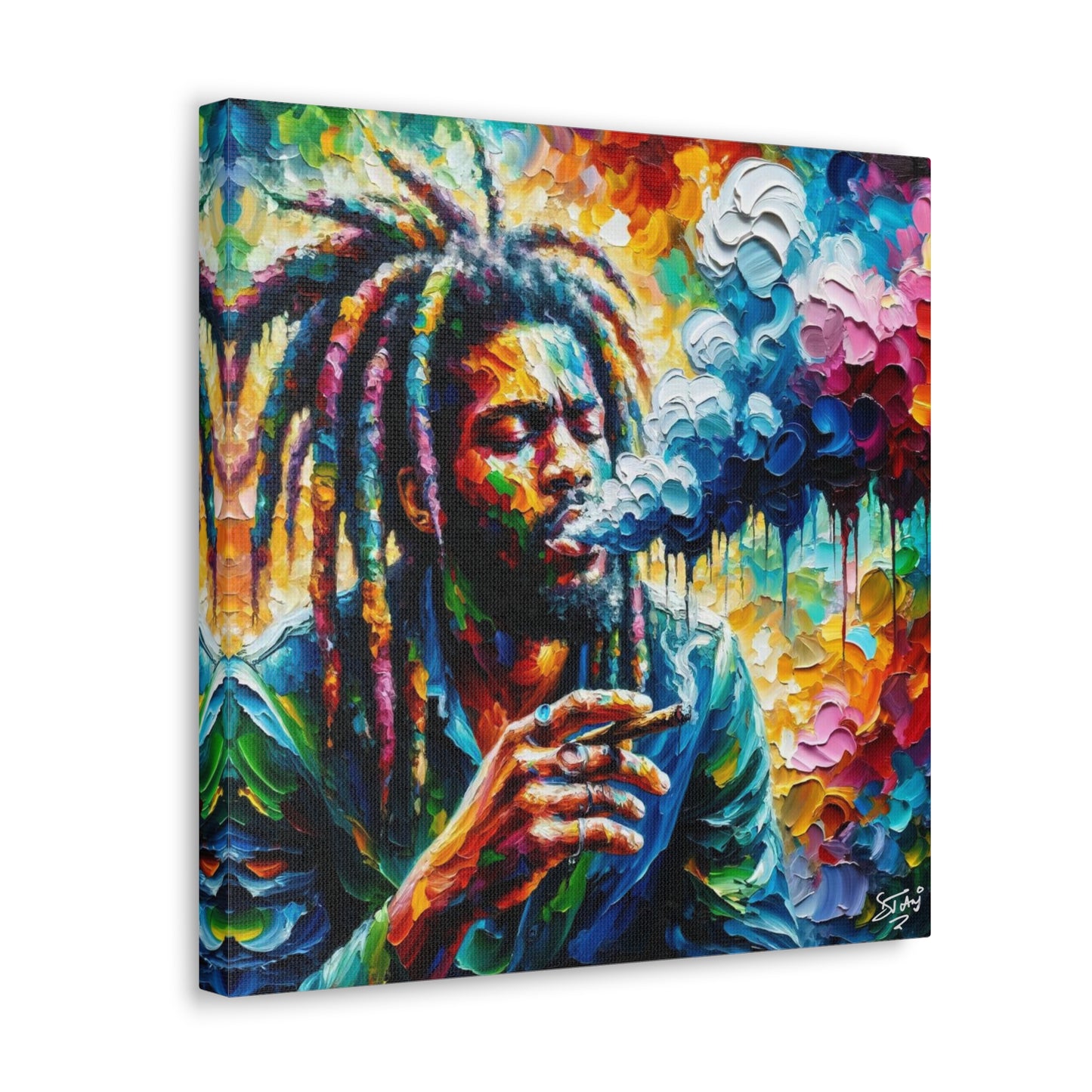 Art Print of Rastaman Smoking, Oil Finish, West Indian Ethnicity, Cultural, Heritage, Afro-Caribbean Man, Semi-Abstract, Canvas Gallery Wrap